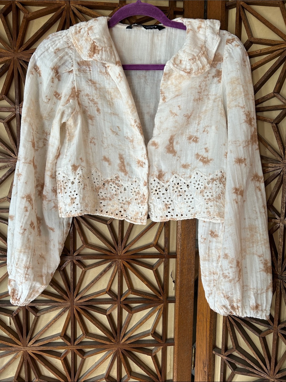 Zara Cream and Tan Tie-Dye Eyelet Cropped Blouse Boho Gauze XS